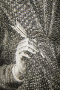 Fiktives Verfasserporträt (Detail) - Titelkupfer aus Luis de Molina: De Justitia et Jure. Tomus I. Genf 1732.