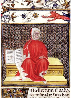 Portrait of Baldus de Ubaldis, illumination in the dedication copy to Giangaleazzo Visconti, Duke of Milan, of the Lectura feudorum (Pavia 1393) (MS Paris, BnF, lat. 11727, f. 1r)