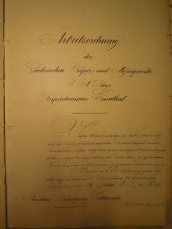 First page of the work regulation of the Saxon Copper and Brass Mills F. A. Lange, May 1st 1892, StAC 30046 Amtshauptmannschaft Marienberg, Sig. 3620.