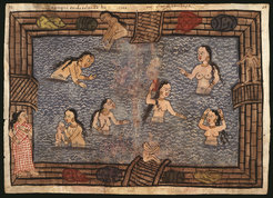 Women from Gujarat bathing in a communal water-tank, from the Portuguese Codex Casanatense (c. 1540), Biblioteca Casanatense, Rome.