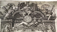 King Philip IV as a world ruler between the allegories of Spain and America. Juan de Solórzano Pereira (Emblemata 1653)